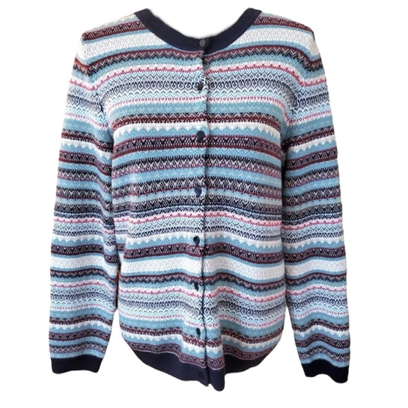 Talbots Fair Isle Stripe Knit Cardigan Sweater Blue Red Nylon Lambswool Buttons - Picture 2 of 11